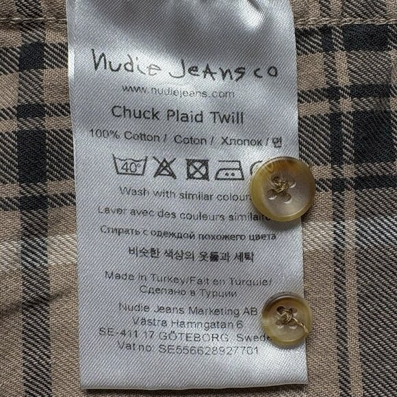 NUDIE JEANS CO Men Chuck Plaid Twill Shirt Sz L Brown Button Front Checker 23-7 - Picture 8 of 11